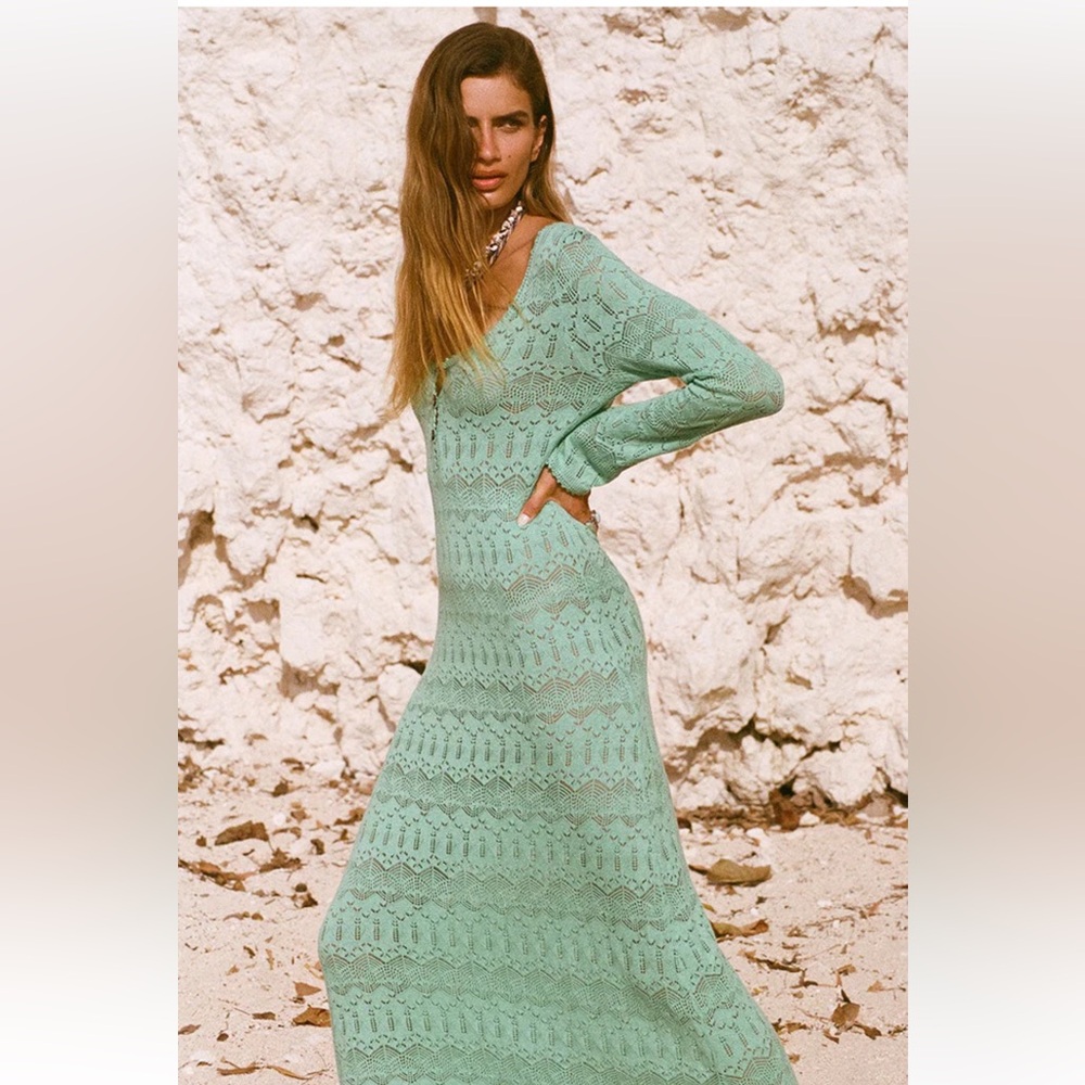 Spell Green Long Sleeve V-Neck Resort Dress